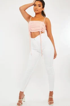 Rebellious Fashion Pink Mesh Ruched Square Neck Crop Top - Leyna