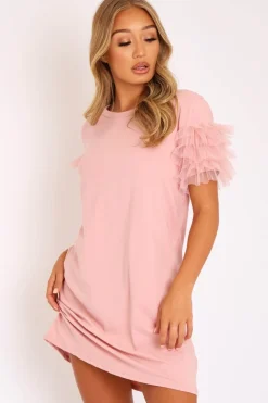 Rebellious Fashion Pink Mesh Ruffle Sleeve T-shirt Dress - Stefi