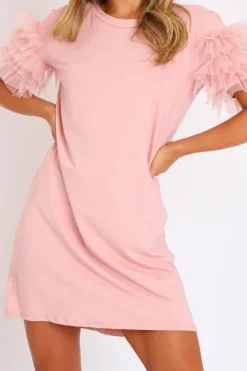 Rebellious Fashion Pink Mesh Ruffle Sleeve T-shirt Dress - Stefi