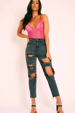 Rebellious Fashion Pink Mesh Seam Detail Bodysuit - Naara