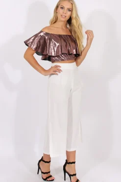 Rebellious Fashion Pink Metallic Bardot Frill Crop Top - Ariana