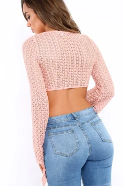 Rebellious Fashion Pink Metallic Crochet Lace Up Flare Sleeve Crop Top - Samantha