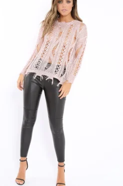 Rebellious Fashion Pink Metallic Distressed Jumper - Hannan