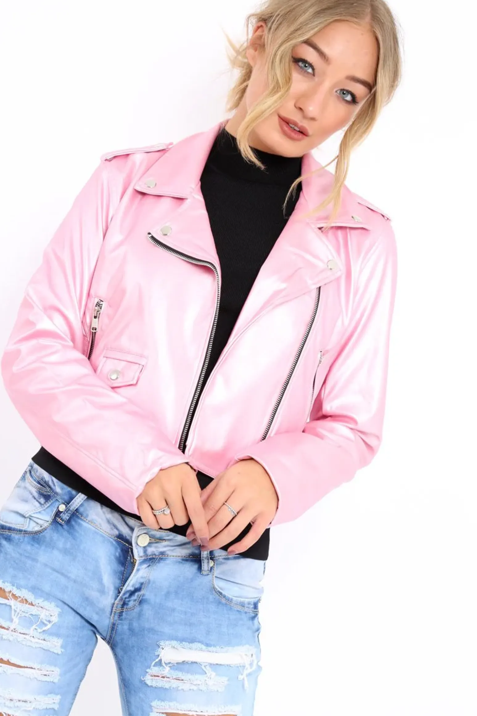 Rebellious Fashion Pink Metallic Leather Jacket - Adrienne