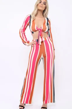 Rebellious Fashion Pink Multi Stripe Plunge Tie Top - Nali