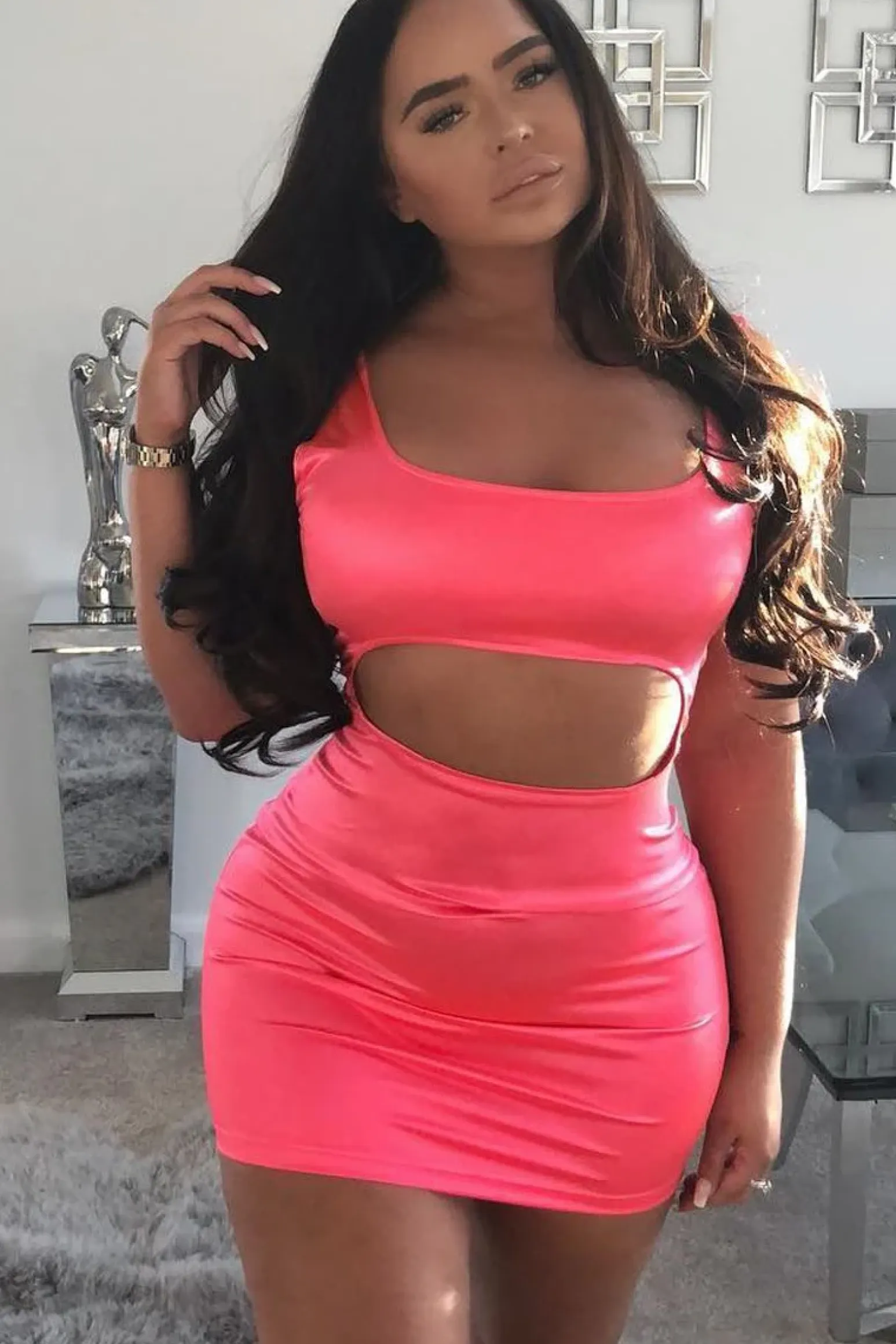Rebellious Fashion Pink Neon Cut Out Bodycon Mini Dress - Erabella