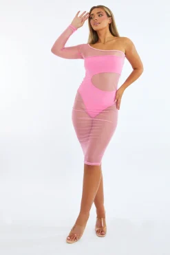 Rebellious Fashion Pink One Sleeve Mesh Midi Dress - Remi