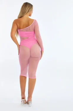 Rebellious Fashion Pink One Sleeve Mesh Midi Dress - Remi
