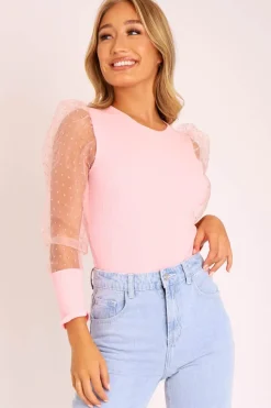 Rebellious Fashion Pink Organza Swiss Dot Sleeve Ribbed Bodysuit - Tamie