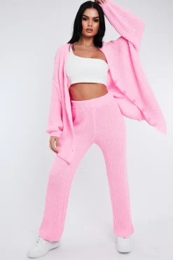 Rebellious Fashion Pink Oversized Knit Cardigan & Trouser Set - Marra