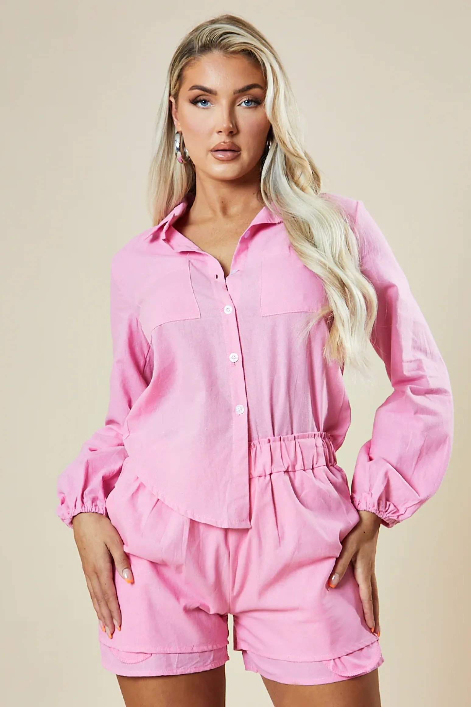 Rebellious Fashion Pink Oversized Shirt & Shorts Co-ord Set - Kalina