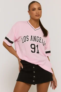 Rebellious Fashion Pink Oversized Varsity Football T-shirt - Austin