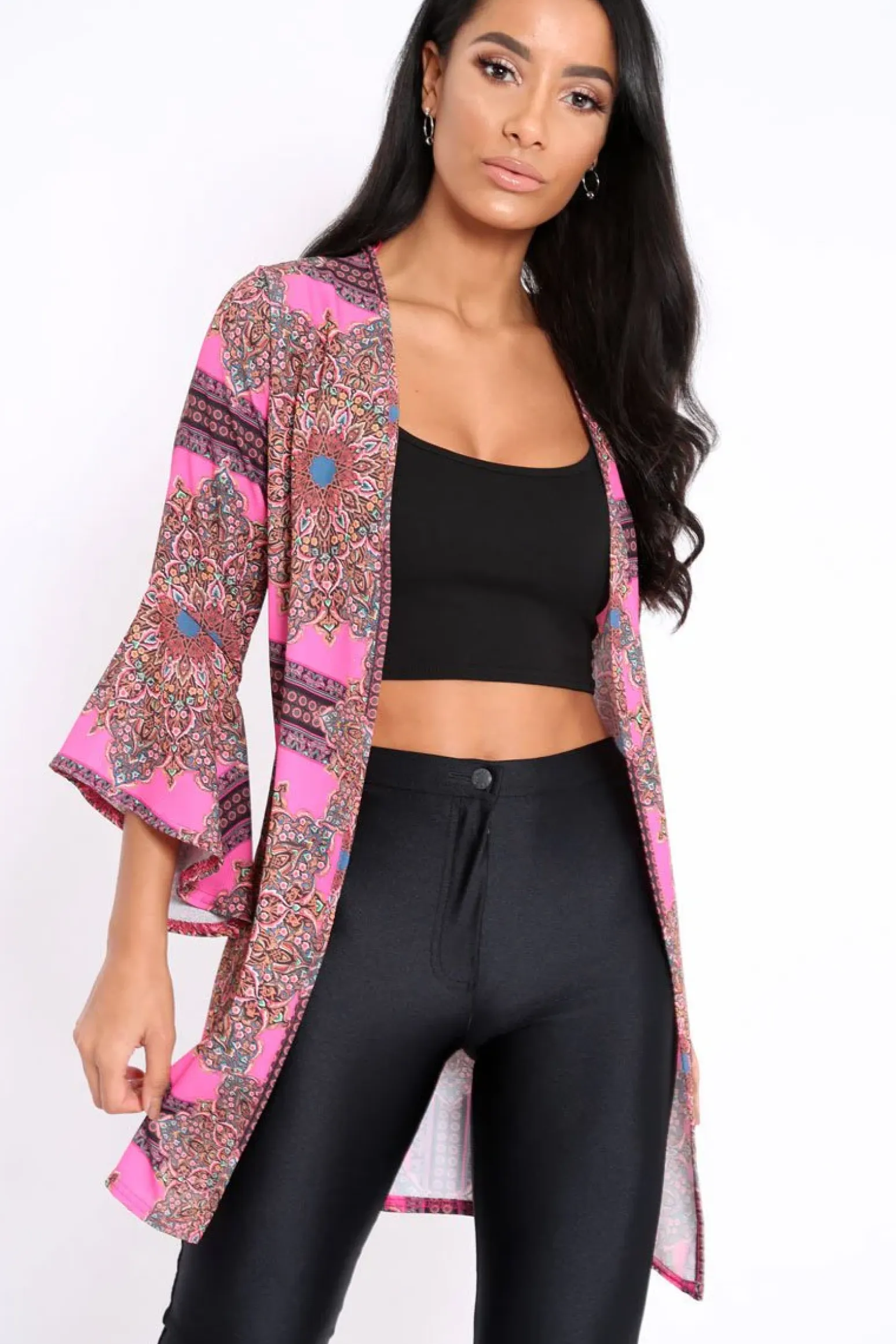 Rebellious Fashion Pink Paisley Print Flare Sleeves Kimono - Marley