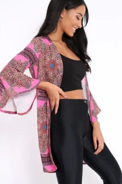 Rebellious Fashion Pink Paisley Print Flare Sleeves Kimono - Marley
