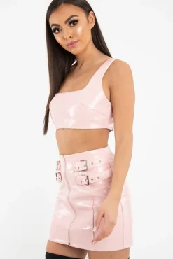 Rebellious Fashion Pink Patent Faux Leather Crop Top Skirt Co-Ord - Nieve