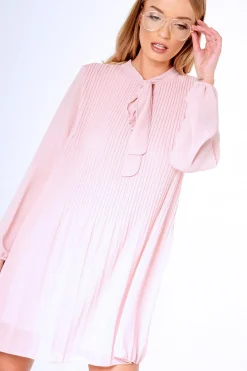 Rebellious Fashion Pink Pleated Tie Neck Long Sleeve Swing Dress - Nickie