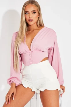 Rebellious Fashion Pink Plunge Button Front Top - Zamina