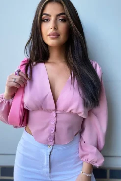 Rebellious Fashion Pink Plunge Button Front Top - Zamina