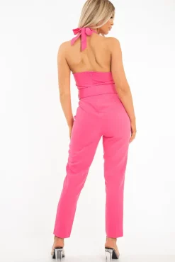 Rebellious Fashion Pink Plunge Front Belted Jumpsuit - Mykel