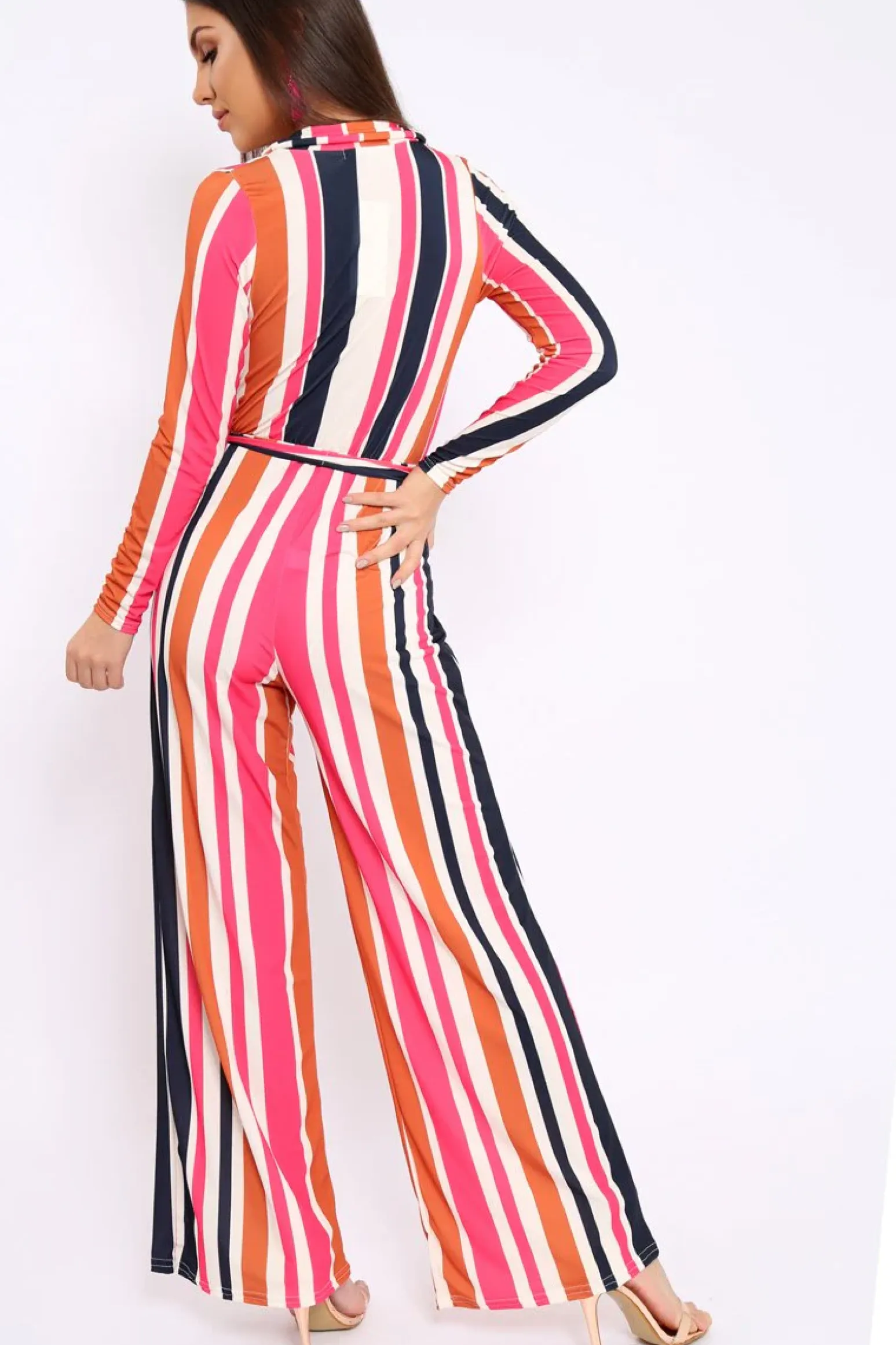 Rebellious Fashion Pink Plunge Front Multi Stripe Jumpsuit - Jara