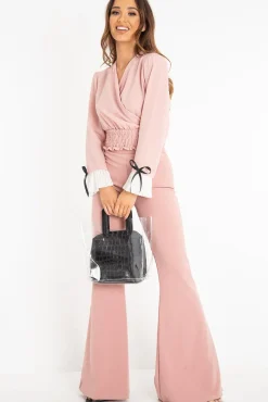 Rebellious Fashion Pink Plunge Shirred Waist Pleated Sleeve Blouse - Skylar