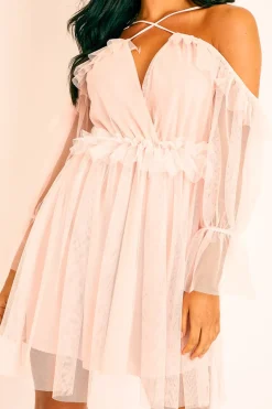 Rebellious Fashion Pink Plunge Tulle Ruffle Cross Back Dress - Aerial