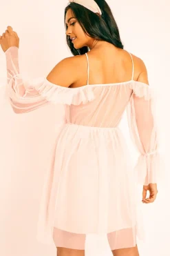Rebellious Fashion Pink Plunge Tulle Ruffle Cross Back Dress - Aerial
