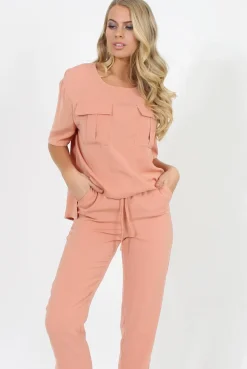 Rebellious Fashion Pink Pocket Front Detail Dipped Hem Trousers - Kem