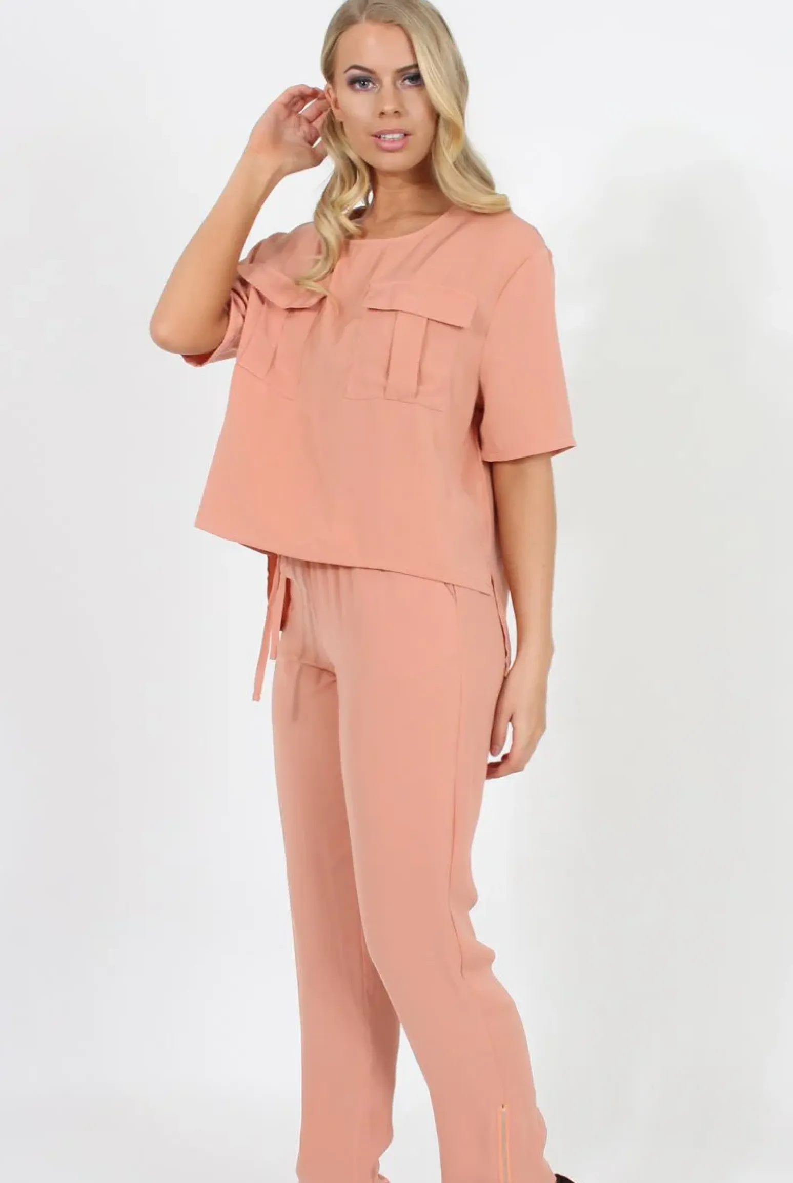 Rebellious Fashion Pink Pocket Front Detail Dipped Hem Trousers - Kem