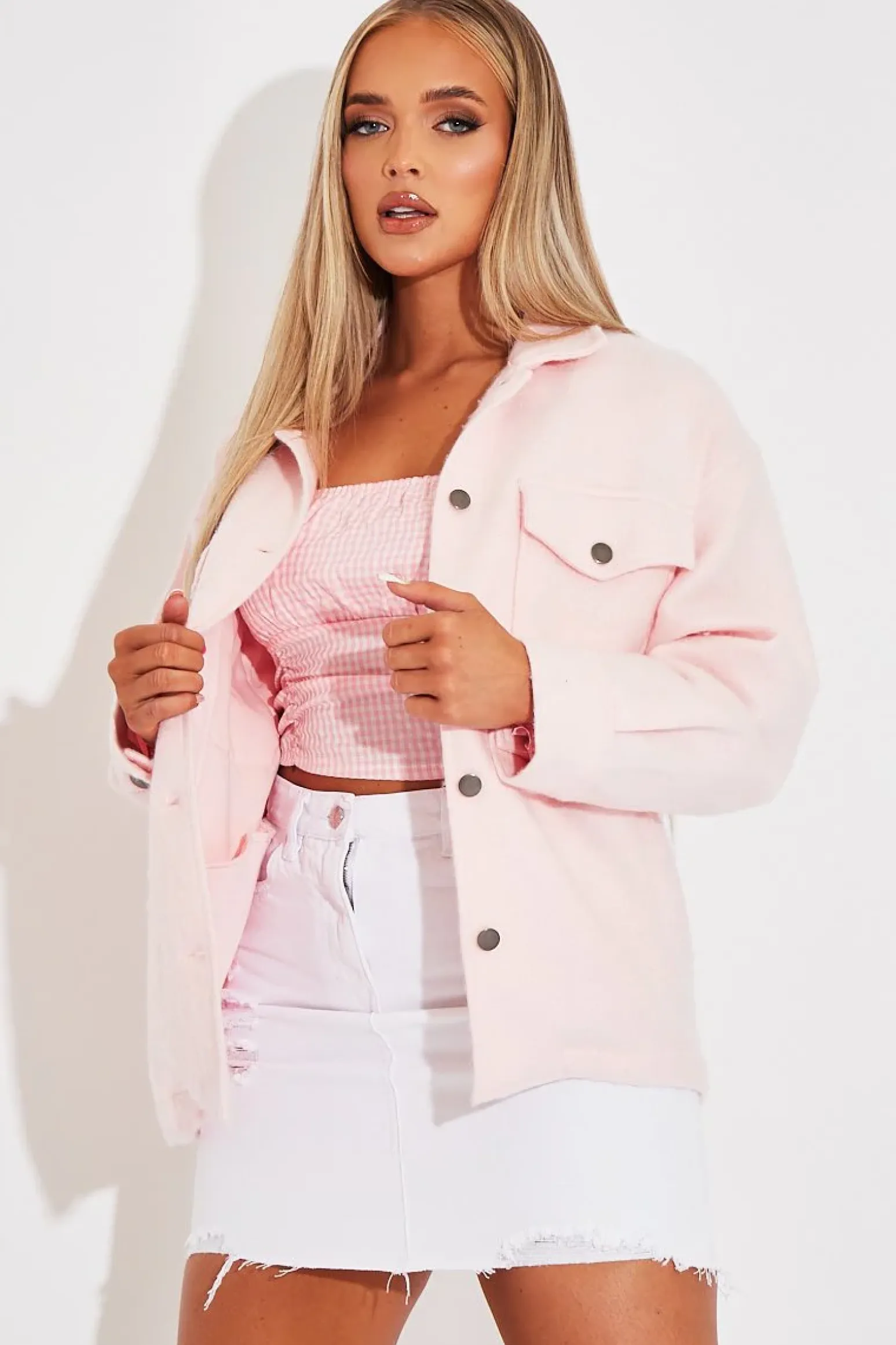 Rebellious Fashion Pink Pocket Oversized Brushed Shacket - Caley