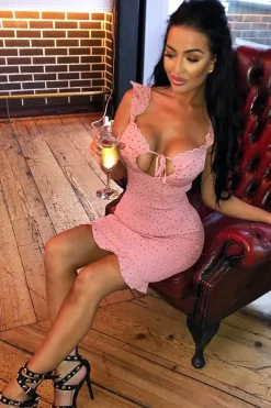Rebellious Fashion Pink Polka Dot Frill Detail Shirred Dress - Jamaria