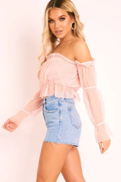 Rebellious Fashion Pink Polka Mesh Ruffle Bardot Crop Top - Aagna