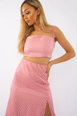 Rebellious Fashion Pink Polka Midi Skirt and Crop Top Co-ord - Viktoriya