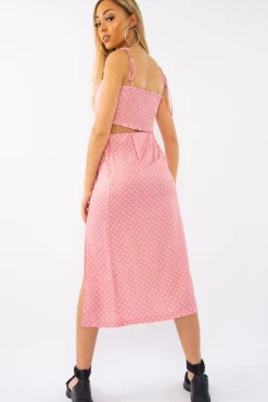 Rebellious Fashion Pink Polka Midi Skirt and Crop Top Co-ord - Viktoriya