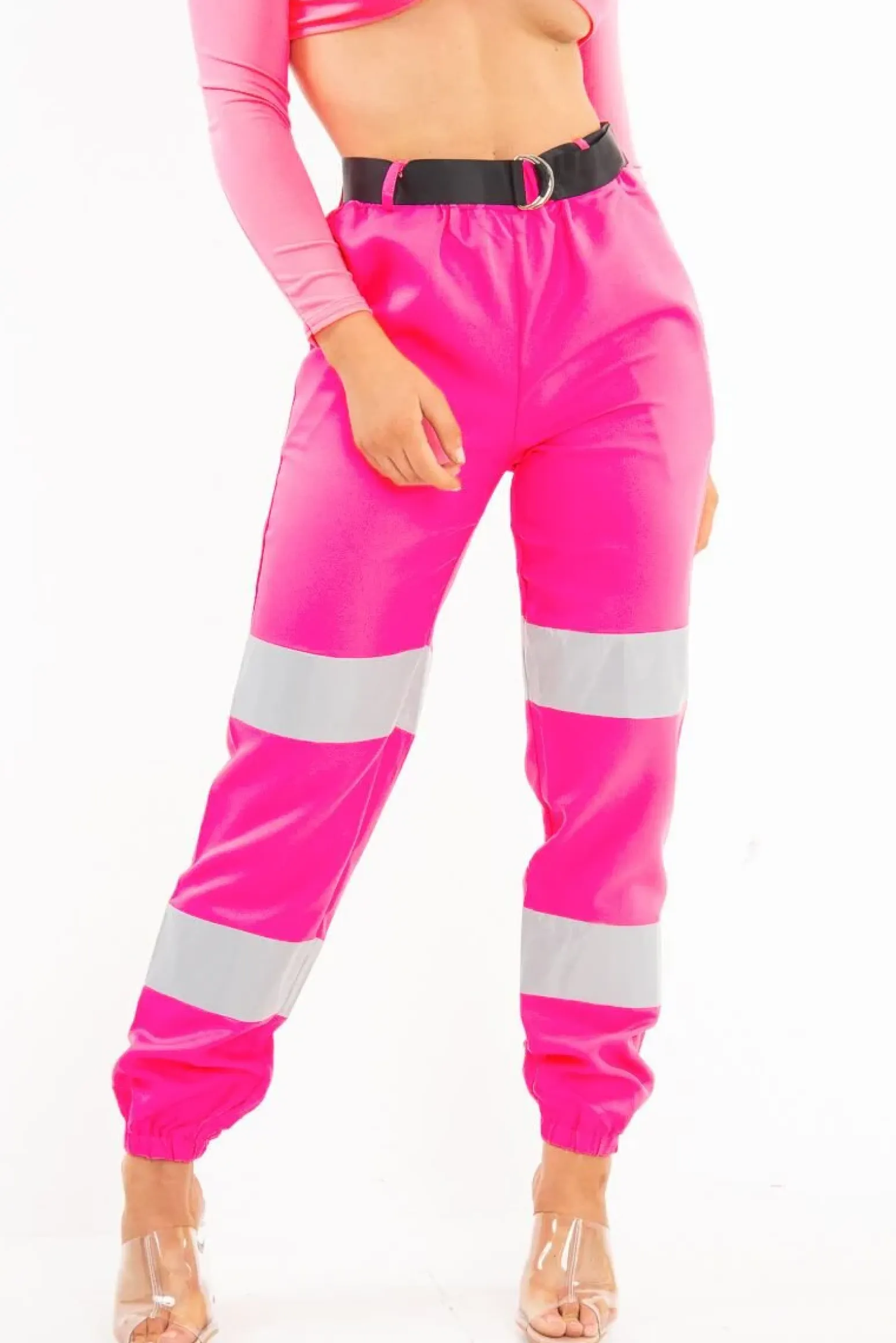 Rebellious Fashion Pink Reflective Belted Trousers - Gennie