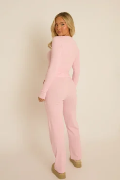 Rebellious Fashion Pink Ribbed Button Front Long Sleeve Top and Trouser Co-Ord - Giselle
