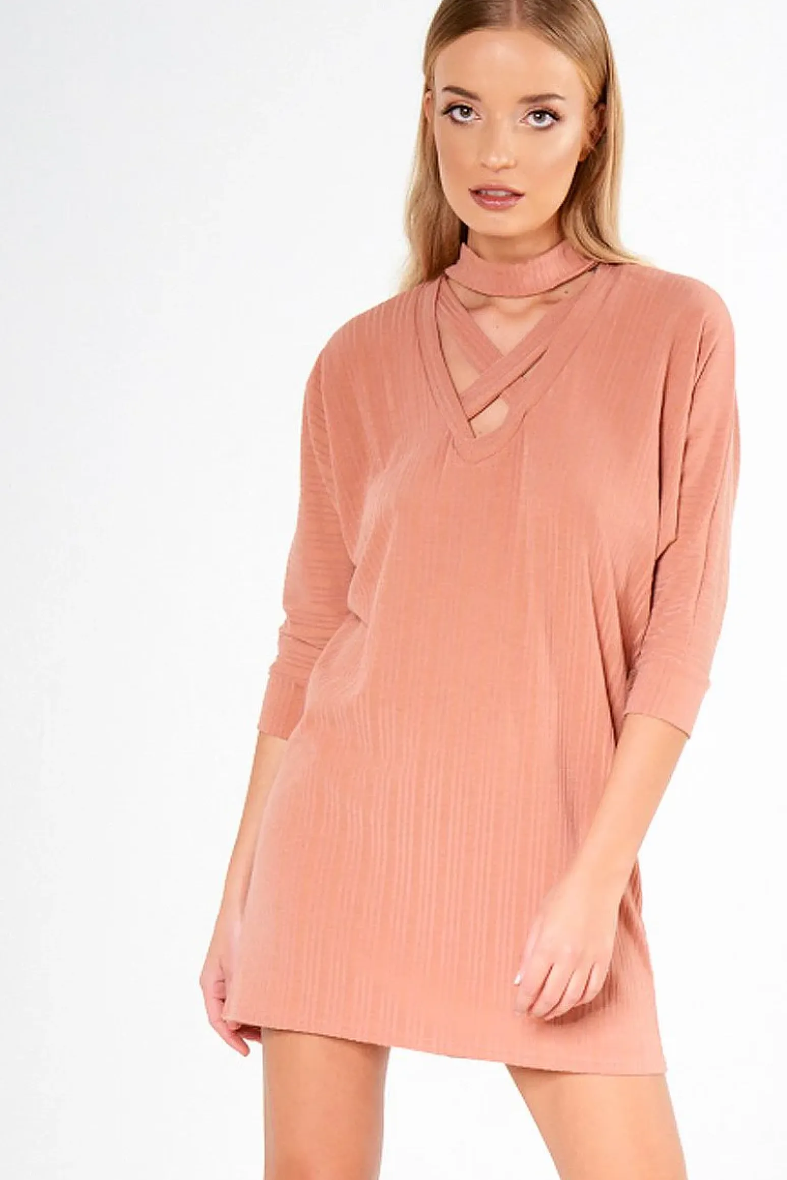 Rebellious Fashion Pink Ribbed Choker Cross Strap Mini Dress - Meghann