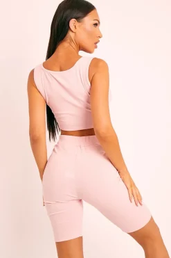 Rebellious Fashion Pink Ribbed Crop Top and Cycling Shorts Co-ord - Nina