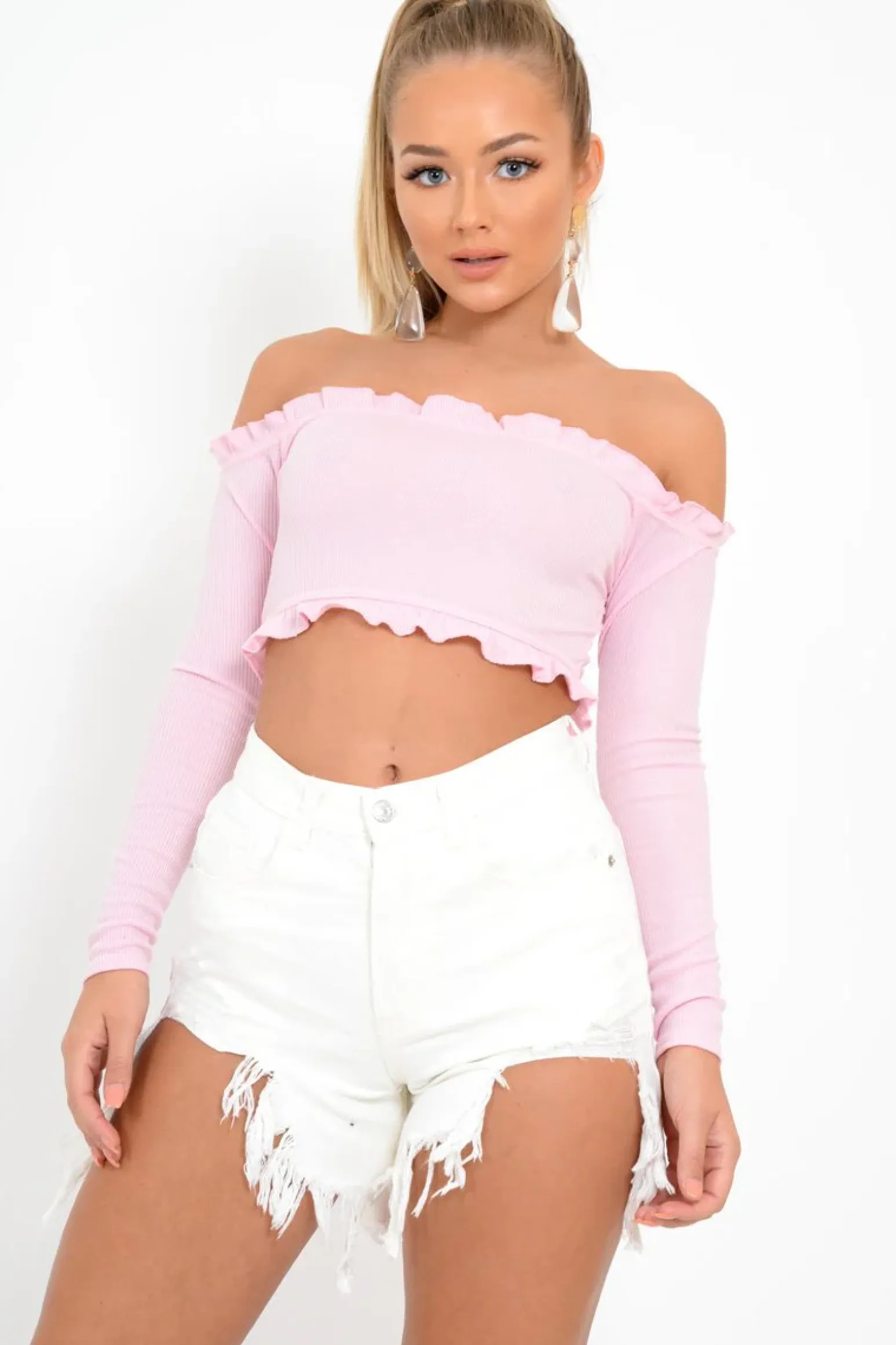 Rebellious Fashion Pink Ribbed Frill Bardot Crop Top - Cassidy