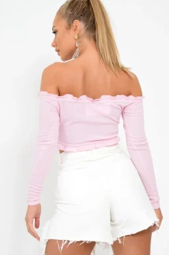 Rebellious Fashion Pink Ribbed Frill Bardot Crop Top - Cassidy
