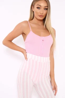 Rebellious Fashion Pink Ribbed Popper Front Bodysuit - Baylee