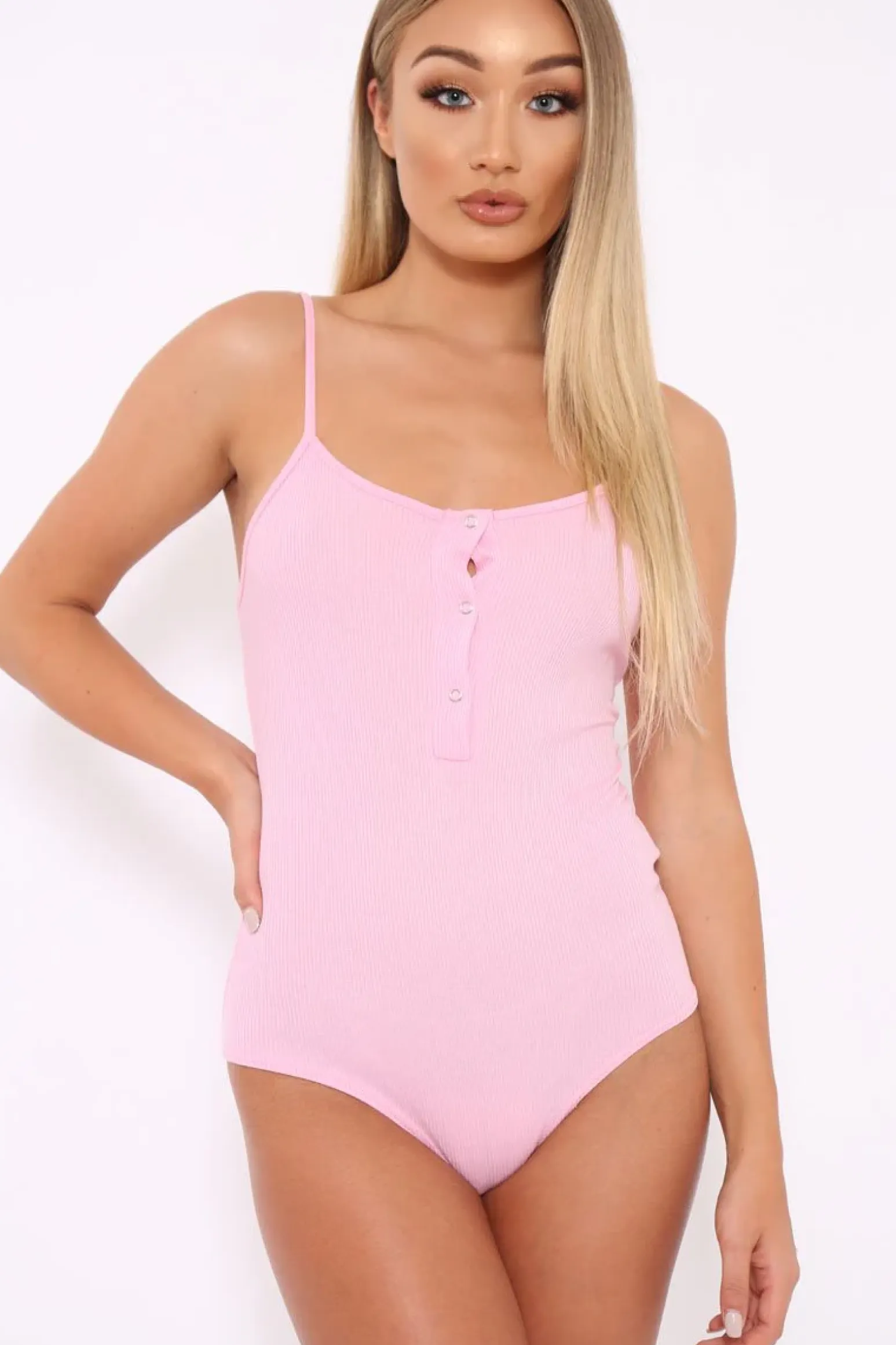 Rebellious Fashion Pink Ribbed Popper Front Bodysuit - Baylee