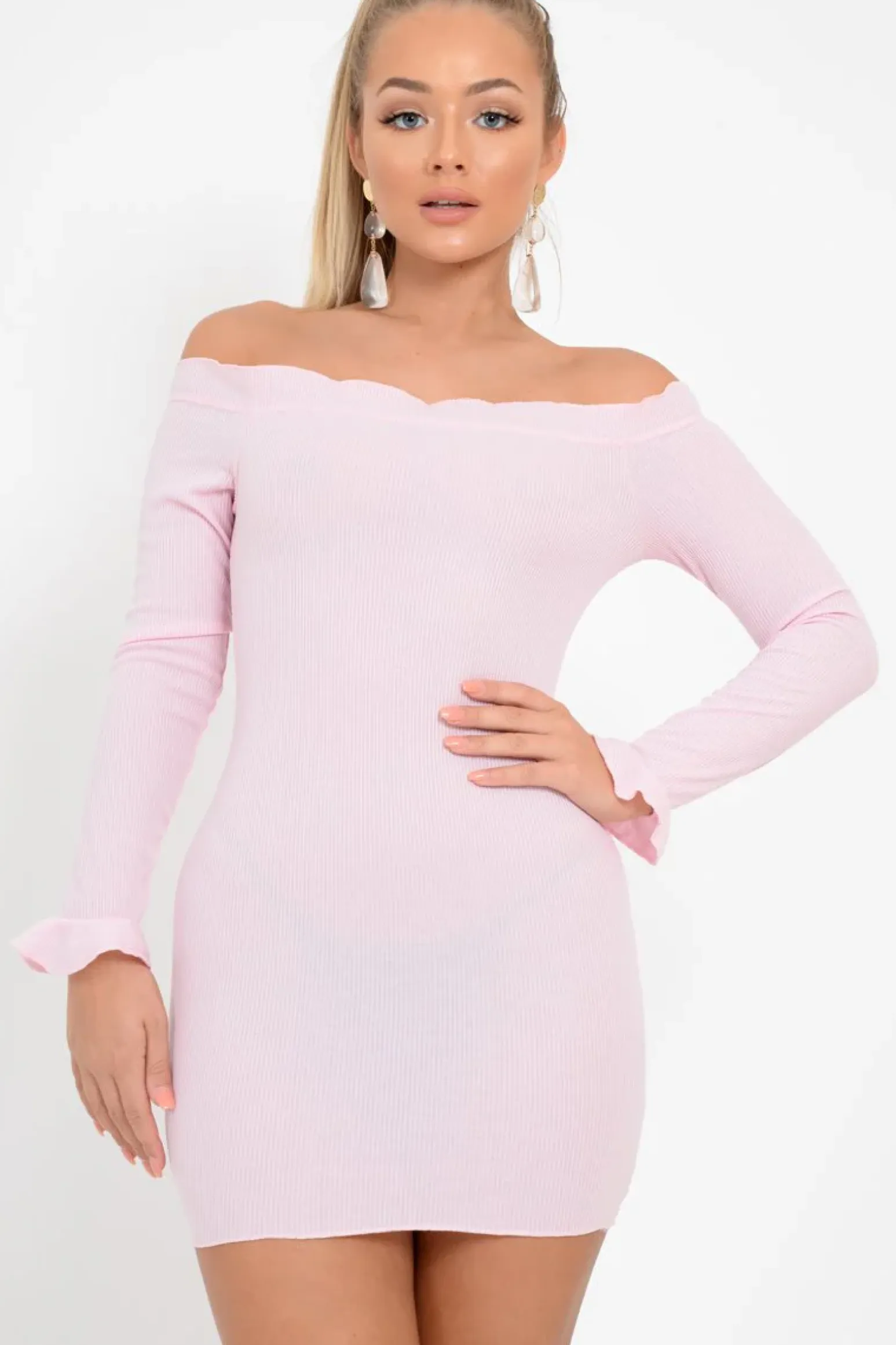 Rebellious Fashion Pink Ribbed Ruffle Long Sleeve Bardot Dress - Madison