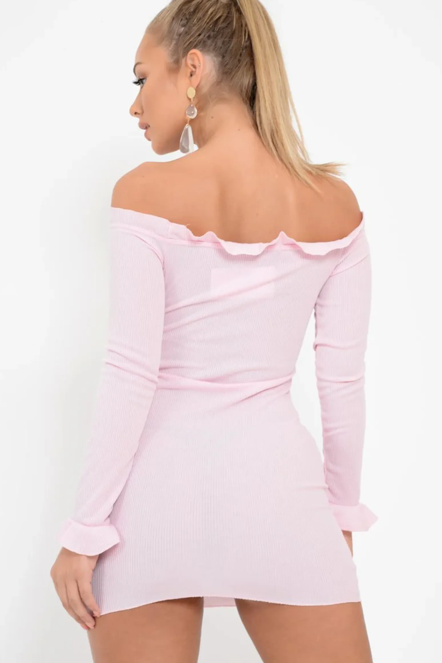 Rebellious Fashion Pink Ribbed Ruffle Long Sleeve Bardot Dress - Madison