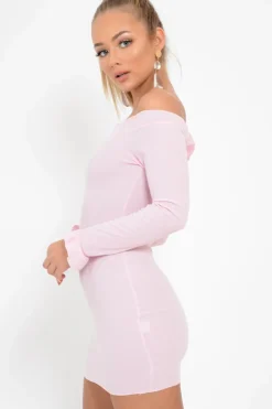 Rebellious Fashion Pink Ribbed Ruffle Long Sleeve Bardot Dress - Madison