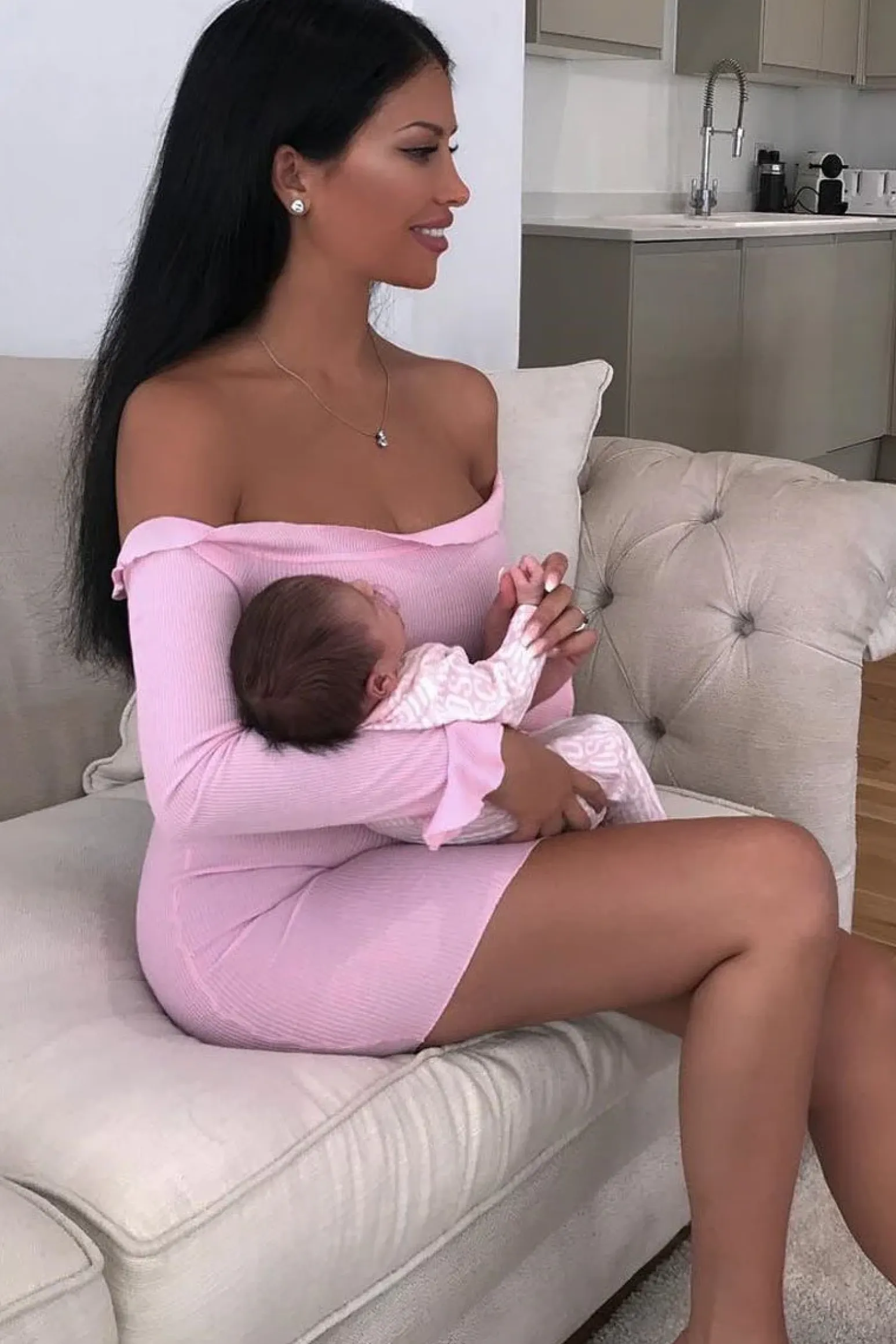 Rebellious Fashion Pink Ribbed Ruffle Long Sleeve Bardot Dress - Madison