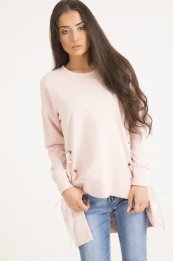 Rebellious Fashion Pink Ribbon Lace Up Dipped Hem Jumper - Wilma