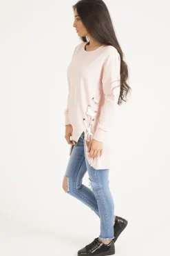 Rebellious Fashion Pink Ribbon Lace Up Dipped Hem Jumper - Wilma