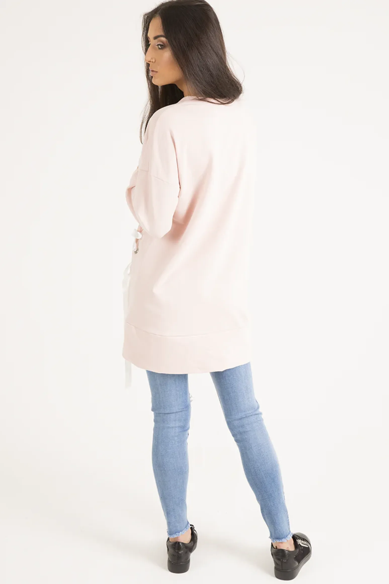 Rebellious Fashion Pink Ribbon Lace Up Dipped Hem Jumper - Wilma