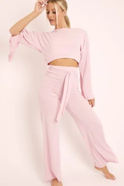 Rebellious Fashion Pink Rib Crop Jumper Tie Wide Leg Trousers Loungewear Co-Ord - Mirabel